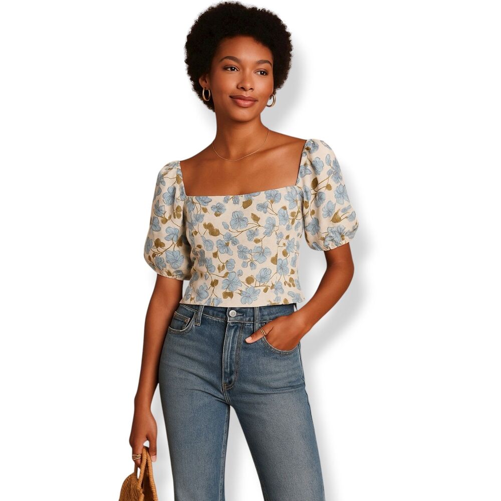 Joie 100% Linen Puff Sleeve Floral Print Top